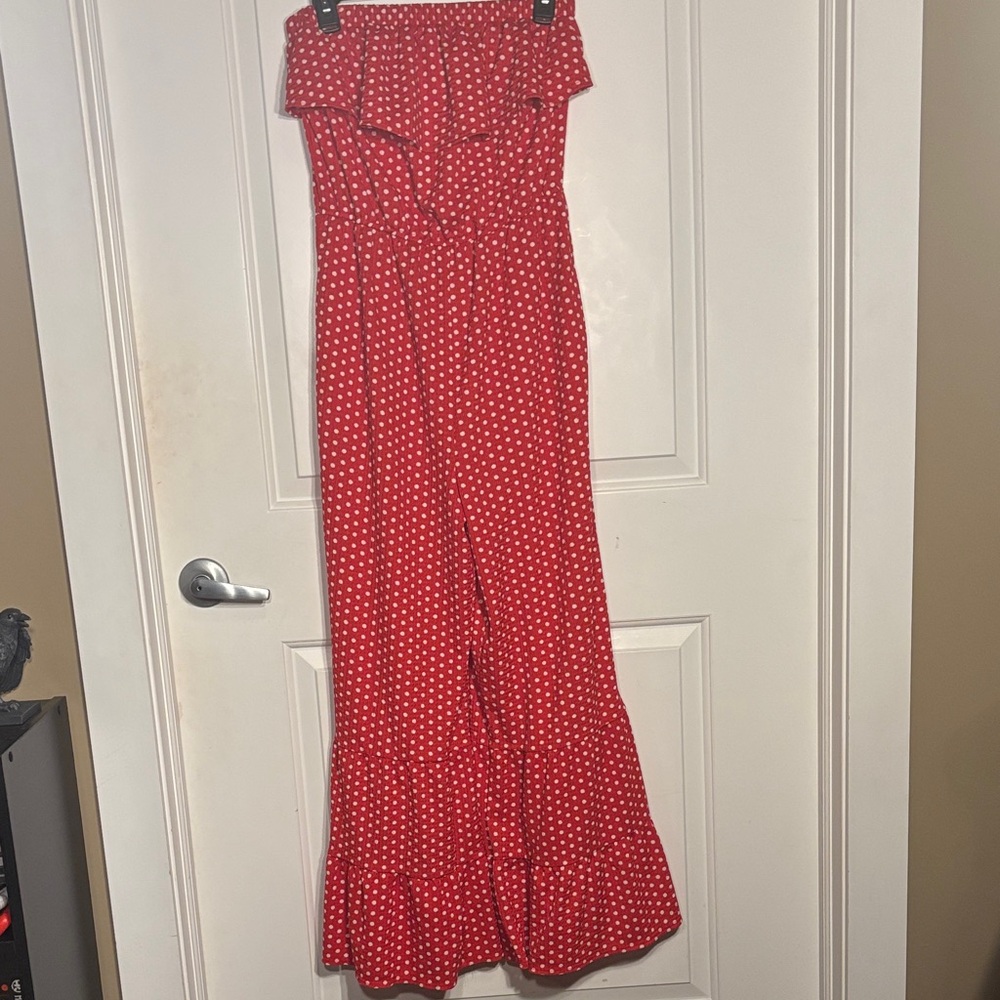 Red Polka Dot Strapless Jumpsuit